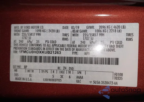 2019 Ford Escape Sel из США, поврежденный, VIN 1FMCU0HDXKUB21263